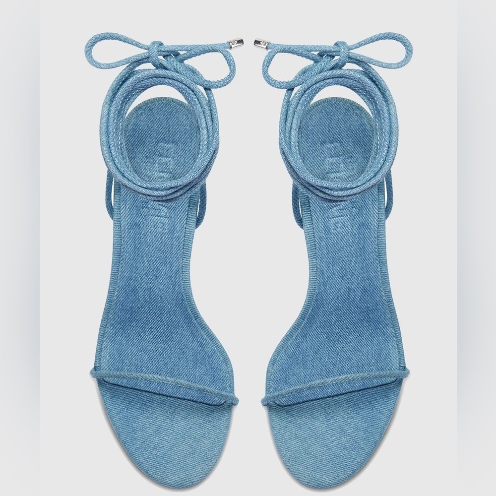 Revolve – Femme LA - Denim stiletto ankle wrap heels, size 9 - Picture 4 of 6